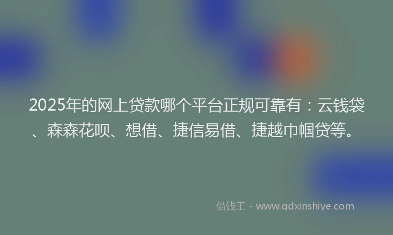 2025年的网上贷款哪个平台正规可靠有：云钱袋、森森花呗、想借、捷信易借、捷越巾帼贷等。