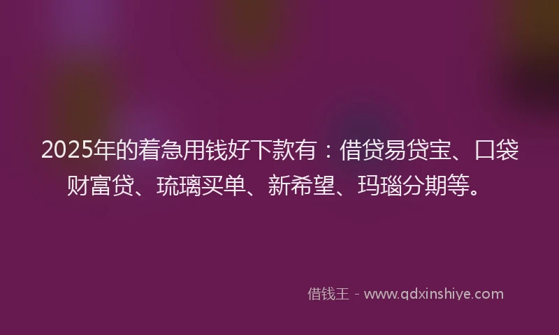 2025年的着急用钱好下款有：借贷易贷宝、口袋财富贷、琉璃买单、新希望、玛瑙分期等。
