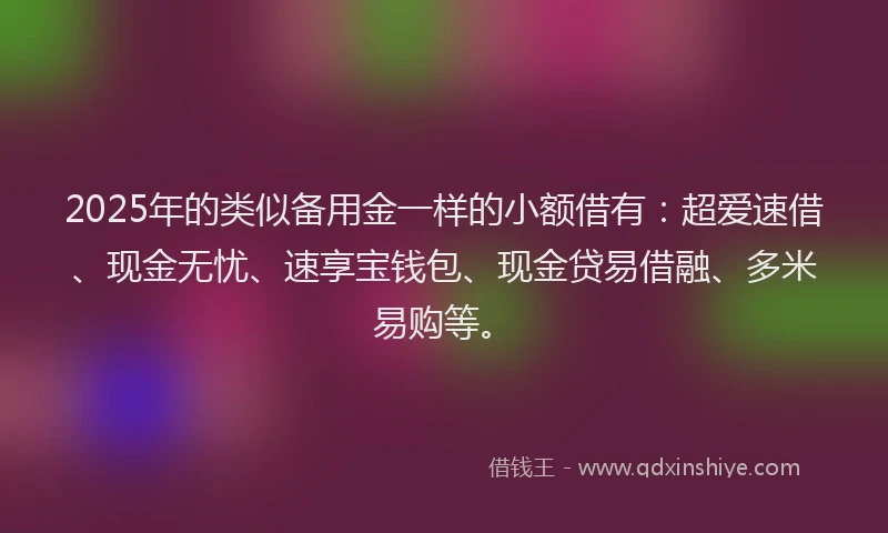 2025年的类似备用金一样的小额借有：超爱速借、现金无忧、速享宝钱包、现金贷易借融、多米易购等。
