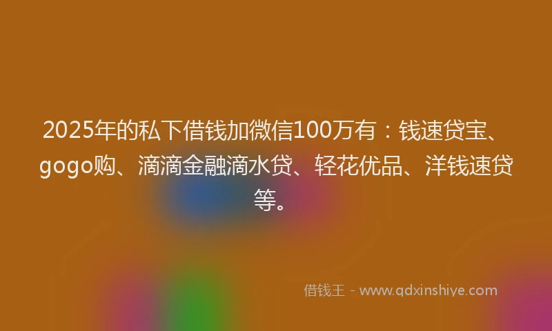 2025年的私下借钱加微信100万有：钱速贷宝、gogo购、滴滴金融滴水贷、轻花优品、洋钱速贷等。