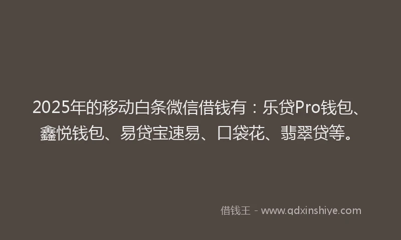 2025年的移动白条微信借钱有：乐贷Pro钱包、鑫悦钱包、易贷宝速易、口袋花、翡翠贷等。