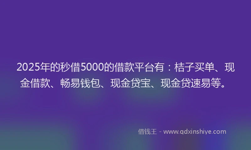 2025年的秒借5000的借款平台有：桔子买单、现金借款、畅易钱包、现金贷宝、现金贷速易等。