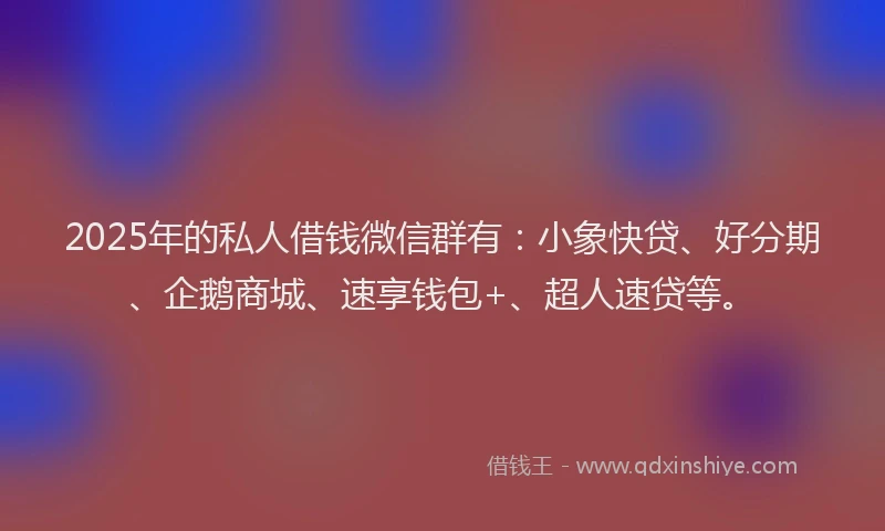 2025年的私人借钱微信群有：小象快贷、好分期、企鹅商城、速享钱包+、超人速贷等。