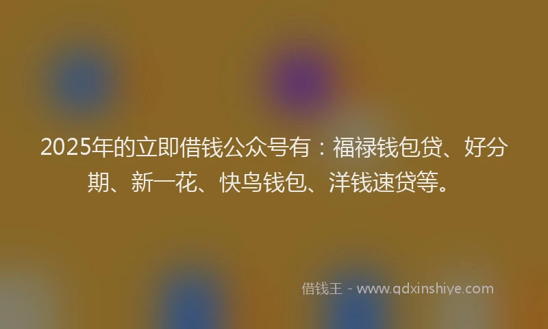 2025年的立即借钱公众号有：福禄钱包贷、好分期、新一花、快鸟钱包、洋钱速贷等。