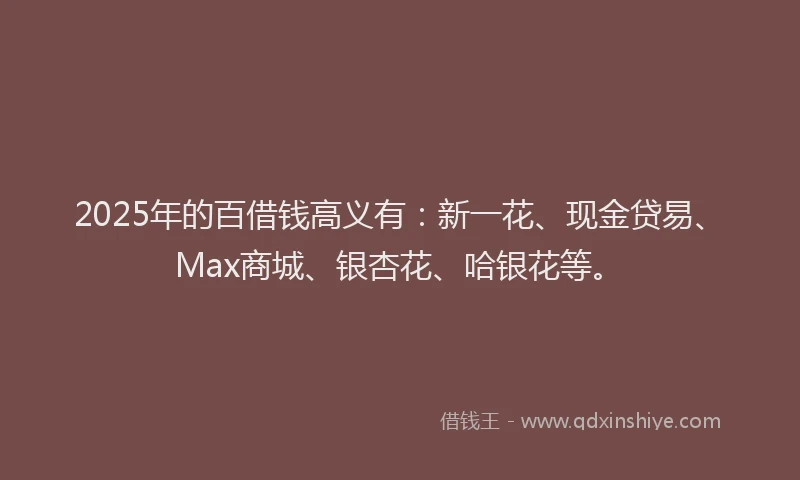 2025年的百借钱高义有：新一花、现金贷易、Max商城、银杏花、哈银花等。