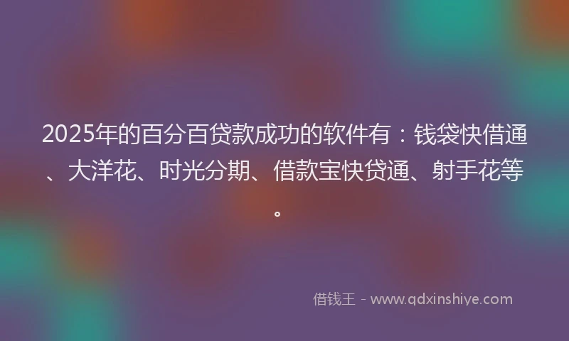 2025年的百分百贷款成功的软件有：钱袋快借通、大洋花、时光分期、借款宝快贷通、射手花等。