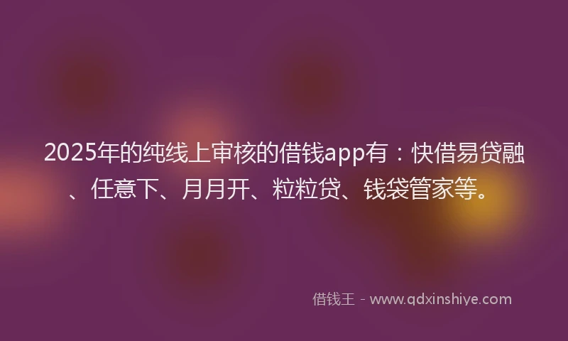 2025年的纯线上审核的借钱app有：快借易贷融、任意下、月月开、粒粒贷、钱袋管家等。