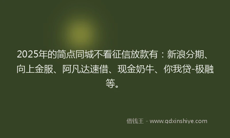2025年的简点同城不看征信放款有：新浪分期、向上金服、阿凡达速借、现金奶牛、你我贷-极融等。