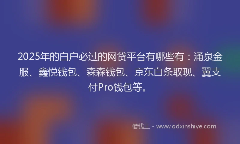 2025年的白户必过的网贷平台有哪些有：涌泉金服、鑫悦钱包、森森钱包、京东白条取现、翼支付Pro钱包等。