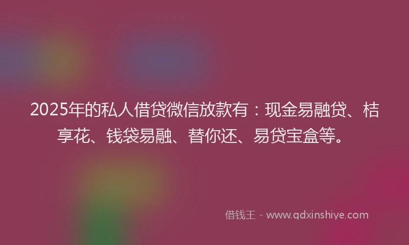 2025年的私人借贷微信放款有：现金易融贷、桔享花、钱袋易融、替你还、易贷宝盒等。