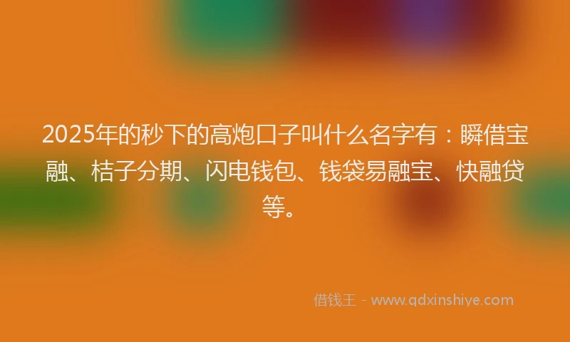 2025年的秒下的高炮口子叫什么名字有：瞬借宝融、桔子分期、闪电钱包、钱袋易融宝、快融贷等。