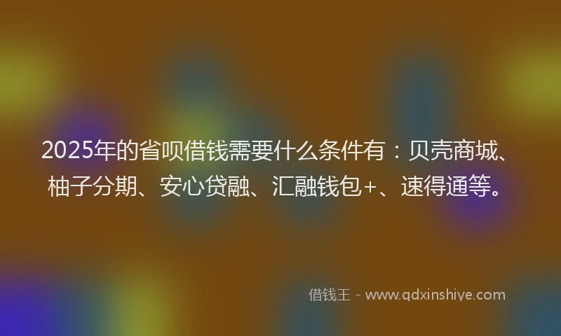 2025年的省呗借钱需要什么条件有：贝壳商城、柚子分期、安心贷融、汇融钱包+、速得通等。