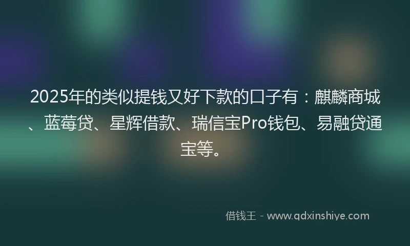 2025年的类似提钱又好下款的口子有：麒麟商城、蓝莓贷、星辉借款、瑞信宝Pro钱包、易融贷通宝等。