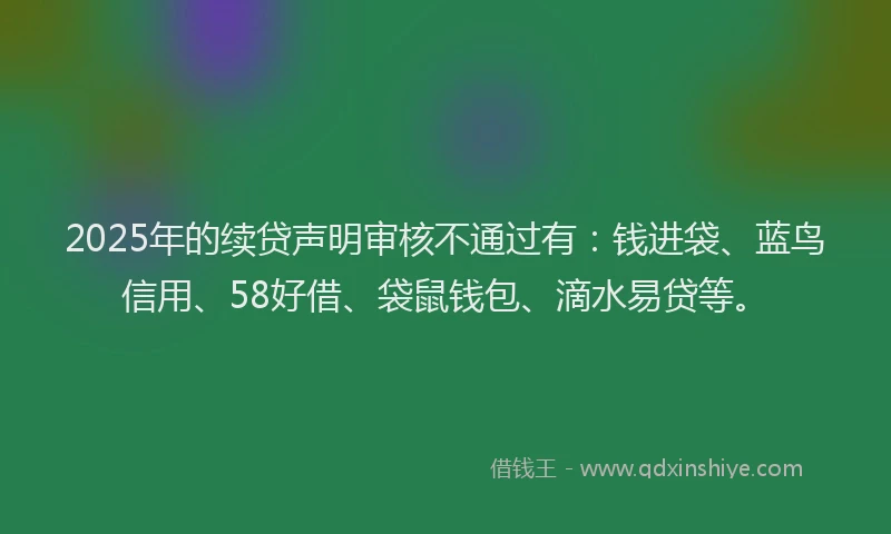2025年的续贷声明审核不通过有：钱进袋、蓝鸟信用、58好借、袋鼠钱包、滴水易贷等。