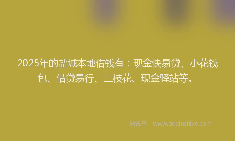 2025年的盐城本地借钱有：现金快易贷、小花钱包、借贷易行、三枝花、现金驿站等。