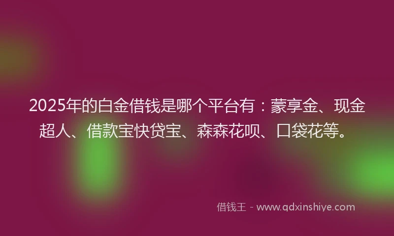 2025年的白金借钱是哪个平台有：蒙享金、现金超人、借款宝快贷宝、森森花呗、口袋花等。
