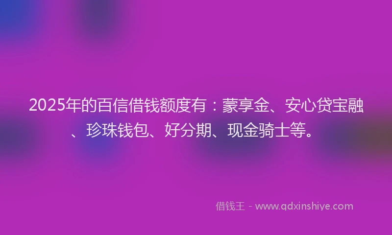 2025年的百信借钱额度有：蒙享金、安心贷宝融、珍珠钱包、好分期、现金骑士等。
