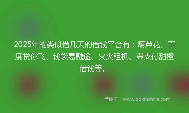 2025年的类似借几天的借钱平台有：葫芦花、百度贷你飞、钱袋易融途、火火租机、翼支付甜橙借钱等。