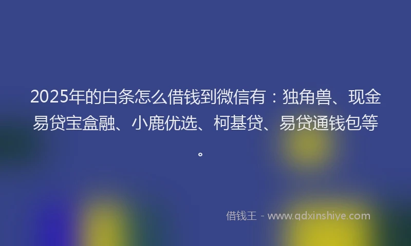 2025年的白条怎么借钱到微信有：独角兽、现金易贷宝盒融、小鹿优选、柯基贷、易贷通钱包等。