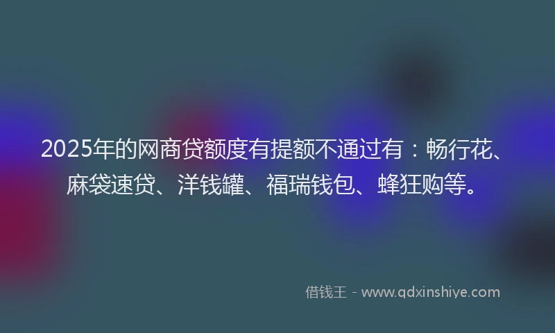 2025年的网商贷额度有提额不通过有：畅行花、麻袋速贷、洋钱罐、福瑞钱包、蜂狂购等。