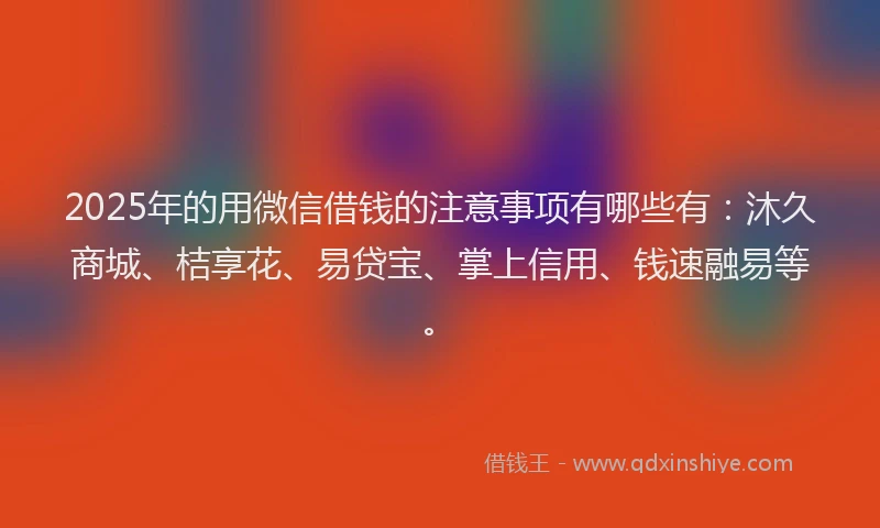 2025年的用微信借钱的注意事项有哪些有：沐久商城、桔享花、易贷宝、掌上信用、钱速融易等。