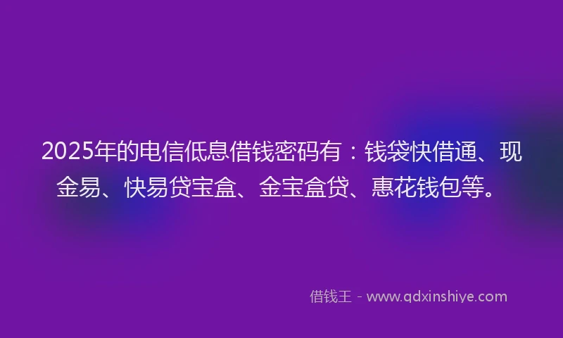 2025年的电信低息借钱密码有：钱袋快借通、现金易、快易贷宝盒、金宝盒贷、惠花钱包等。