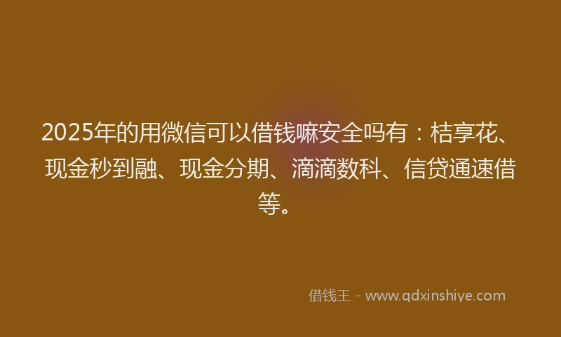 2025年的用微信可以借钱嘛安全吗有：桔享花、现金秒到融、现金分期、滴滴数科、信贷通速借等。