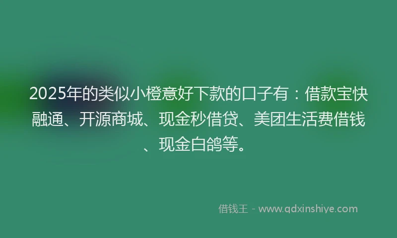 2025年的类似小橙意好下款的口子有：借款宝快融通、开源商城、现金秒借贷、美团生活费借钱、现金白鸽等。