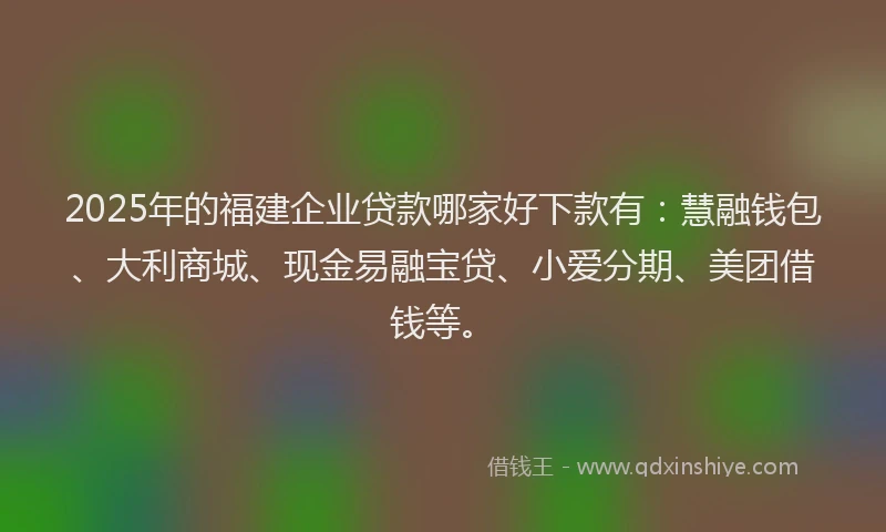 2025年的福建企业贷款哪家好下款有：慧融钱包、大利商城、现金易融宝贷、小爱分期、美团借钱等。