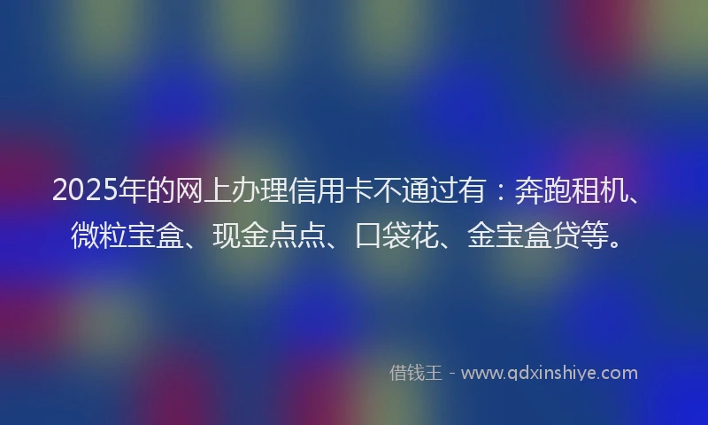 2025年的网上办理信用卡不通过有：奔跑租机、微粒宝盒、现金点点、口袋花、金宝盒贷等。