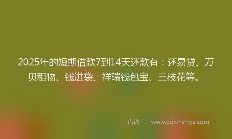 2025年的短期借款7到14天还款有：还易贷、万贝租物、钱进袋、祥瑞钱包宝、三枝花等。