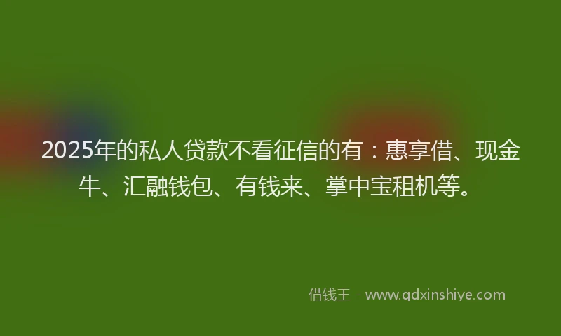 2025年的私人贷款不看征信的有：惠享借、现金牛、汇融钱包、有钱来、掌中宝租机等。