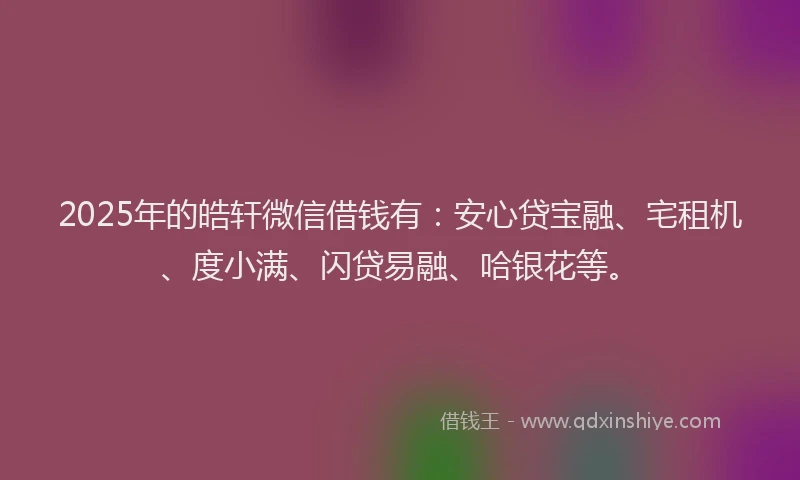 2025年的皓轩微信借钱有：安心贷宝融、宅租机、度小满、闪贷易融、哈银花等。