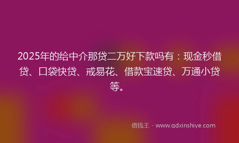 2025年的给中介那贷二万好下款吗有：现金秒借贷、口袋快贷、戒易花、借款宝速贷、万通小贷等。