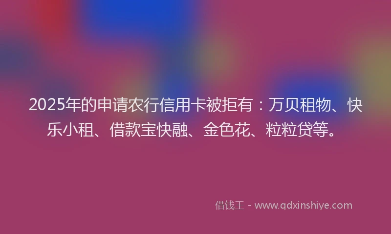 2025年的申请农行信用卡被拒有：万贝租物、快乐小租、借款宝快融、金色花、粒粒贷等。
