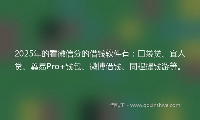 2025年的看微信分的借钱软件有：口袋贷、宜人贷、鑫易Pro+钱包、微博借钱、同程提钱游等。