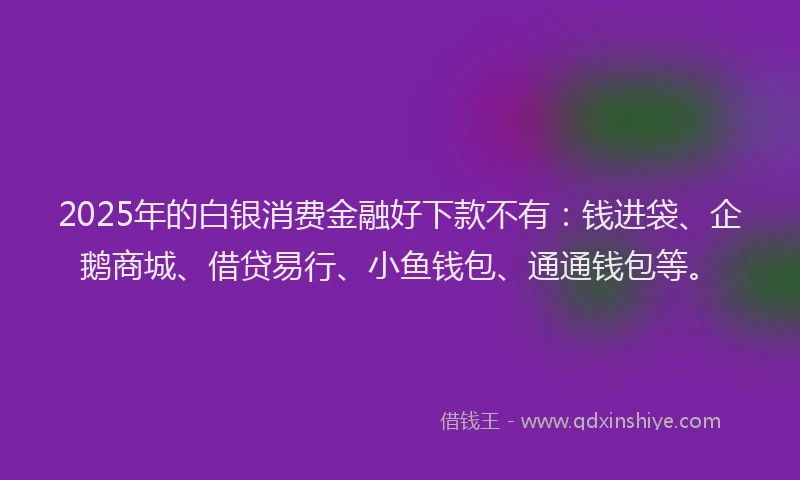 2025年的白银消费金融好下款不有：钱进袋、企鹅商城、借贷易行、小鱼钱包、通通钱包等。