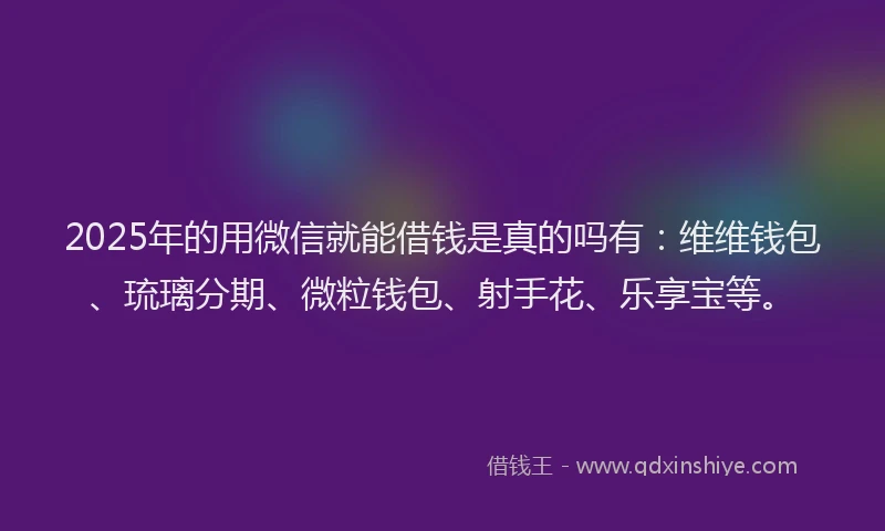 2025年的用微信就能借钱是真的吗有：维维钱包、琉璃分期、微粒钱包、射手花、乐享宝等。