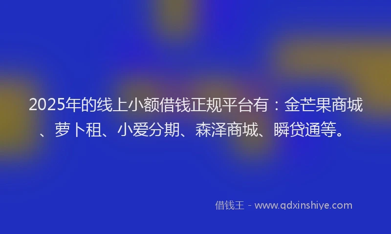 2025年的线上小额借钱正规平台有：金芒果商城、萝卜租、小爱分期、森泽商城、瞬贷通等。