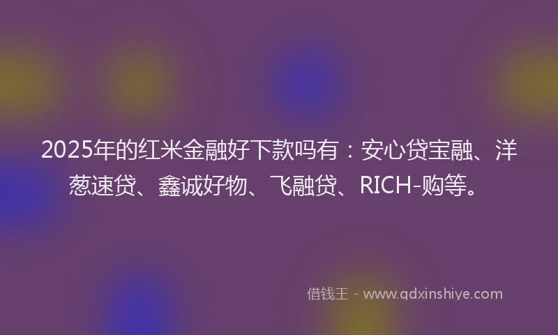 2025年的红米金融好下款吗有：安心贷宝融、洋葱速贷、鑫诚好物、飞融贷、RICH-购等。