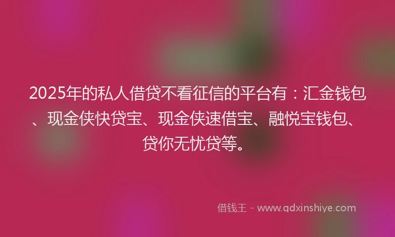 2025年的私人借贷不看征信的平台有：汇金钱包、现金侠快贷宝、现金侠速借宝、融悦宝钱包、贷你无忧贷等。