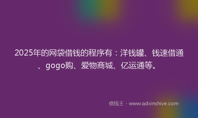 2025年的网袋借钱的程序有：洋钱罐、钱速借通、gogo购、爱物商城、亿运通等。
