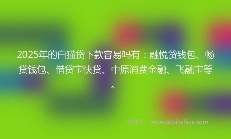 2025年的白猫贷下款容易吗有：融悦贷钱包、畅贷钱包、借贷宝快贷、中原消费金融、飞融宝等。