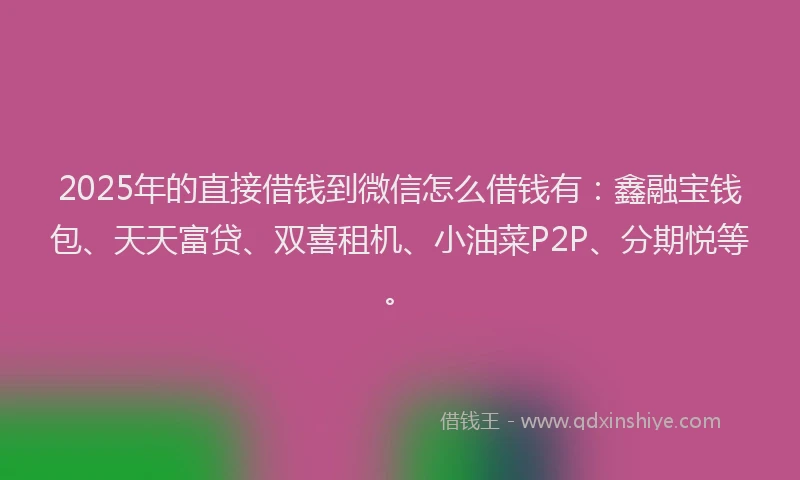 2025年的直接借钱到微信怎么借钱有：鑫融宝钱包、天天富贷、双喜租机、小油菜P2P、分期悦等。