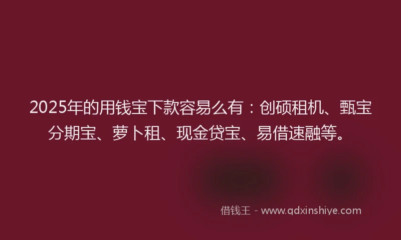2025年的用钱宝下款容易么有：创硕租机、甄宝分期宝、萝卜租、现金贷宝、易借速融等。