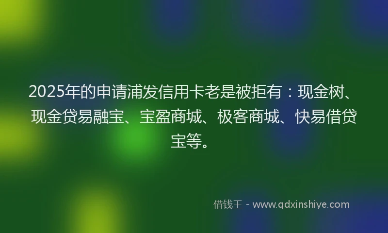 2025年的申请浦发信用卡老是被拒有：现金树、现金贷易融宝、宝盈商城、极客商城、快易借贷宝等。