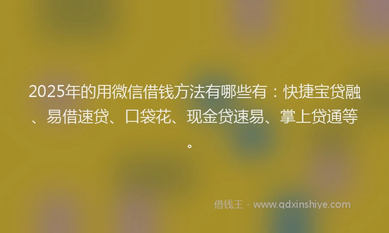 2025年的用微信借钱方法有哪些有：快捷宝贷融、易借速贷、口袋花、现金贷速易、掌上贷通等。