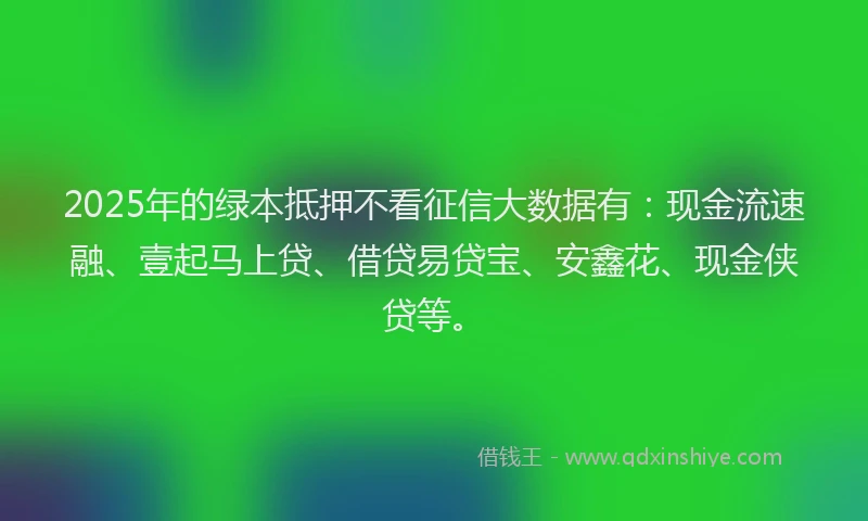 2025年的绿本抵押不看征信大数据有：现金流速融、壹起马上贷、借贷易贷宝、安鑫花、现金侠贷等。