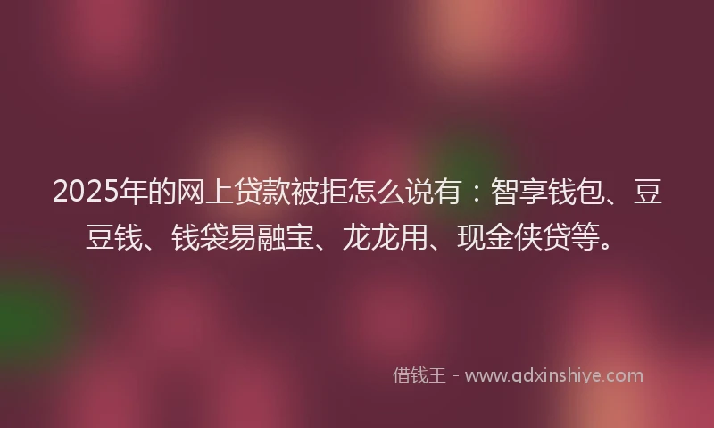 2025年的网上贷款被拒怎么说有：智享钱包、豆豆钱、钱袋易融宝、龙龙用、现金侠贷等。