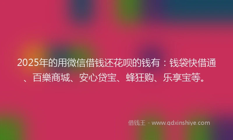 2025年的用微信借钱还花呗的钱有：钱袋快借通、百樂商城、安心贷宝、蜂狂购、乐享宝等。